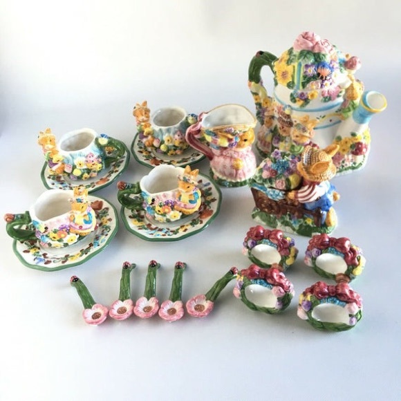 SPRINGTIME TEA SET 19PC ceramic hand painted Rabbit Party SPRINGTIME TEA SET 19PC ceramic hand painted Rabbit Party